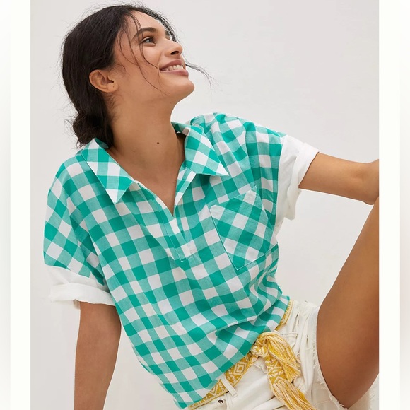 Anthropologie Tops - ANTHROPOLOGIE PORRIDGE WOMEN’s TOP TURQUOISE GOLDA GINGHAM PREPPY‎ BACK-TIE NWT